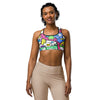 Women's comic strip pop candy printed sports bra front view