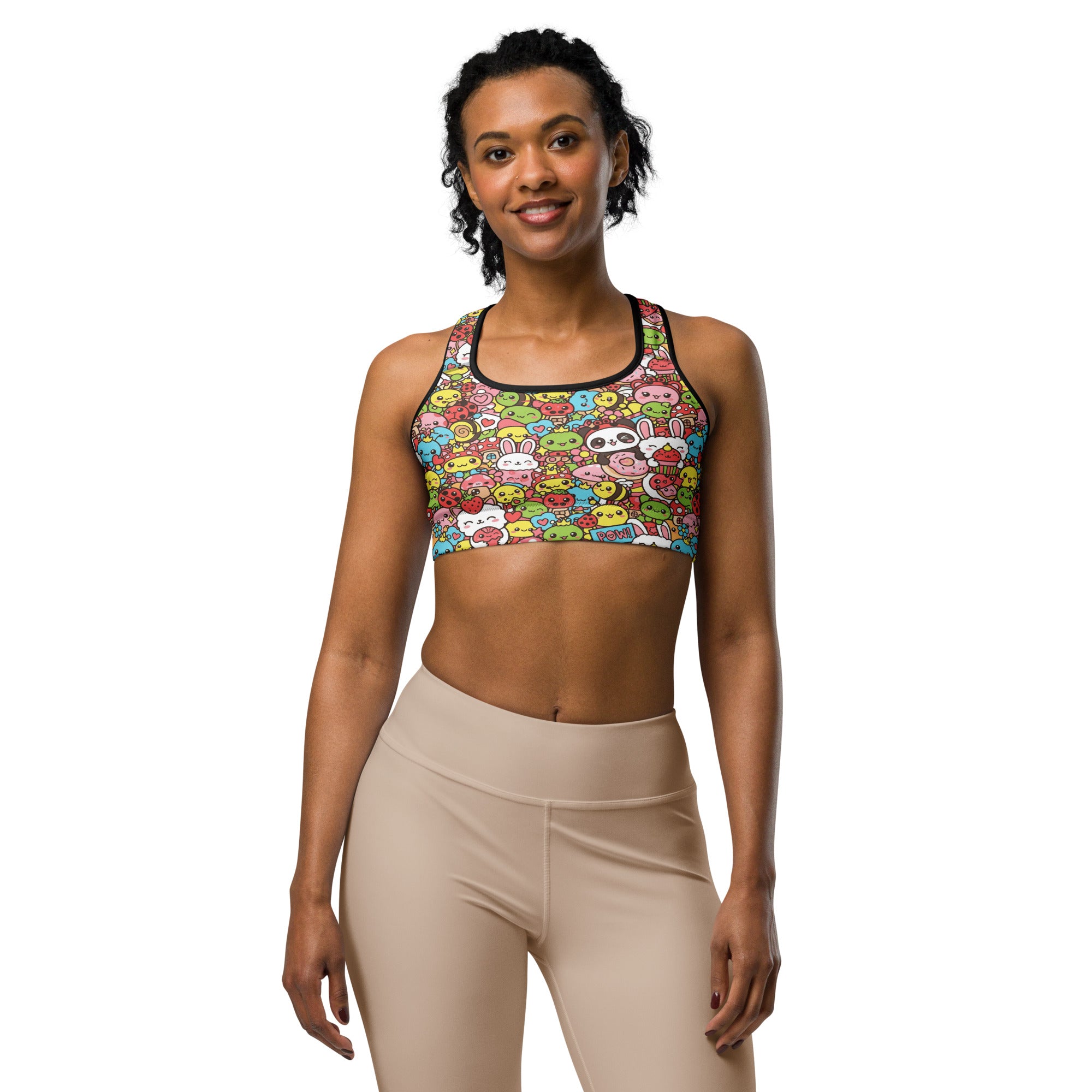 Women's kawaii garden bugs printed sports bra front view