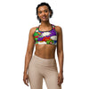 Women's comic strip monster mash printed sports bra front view
