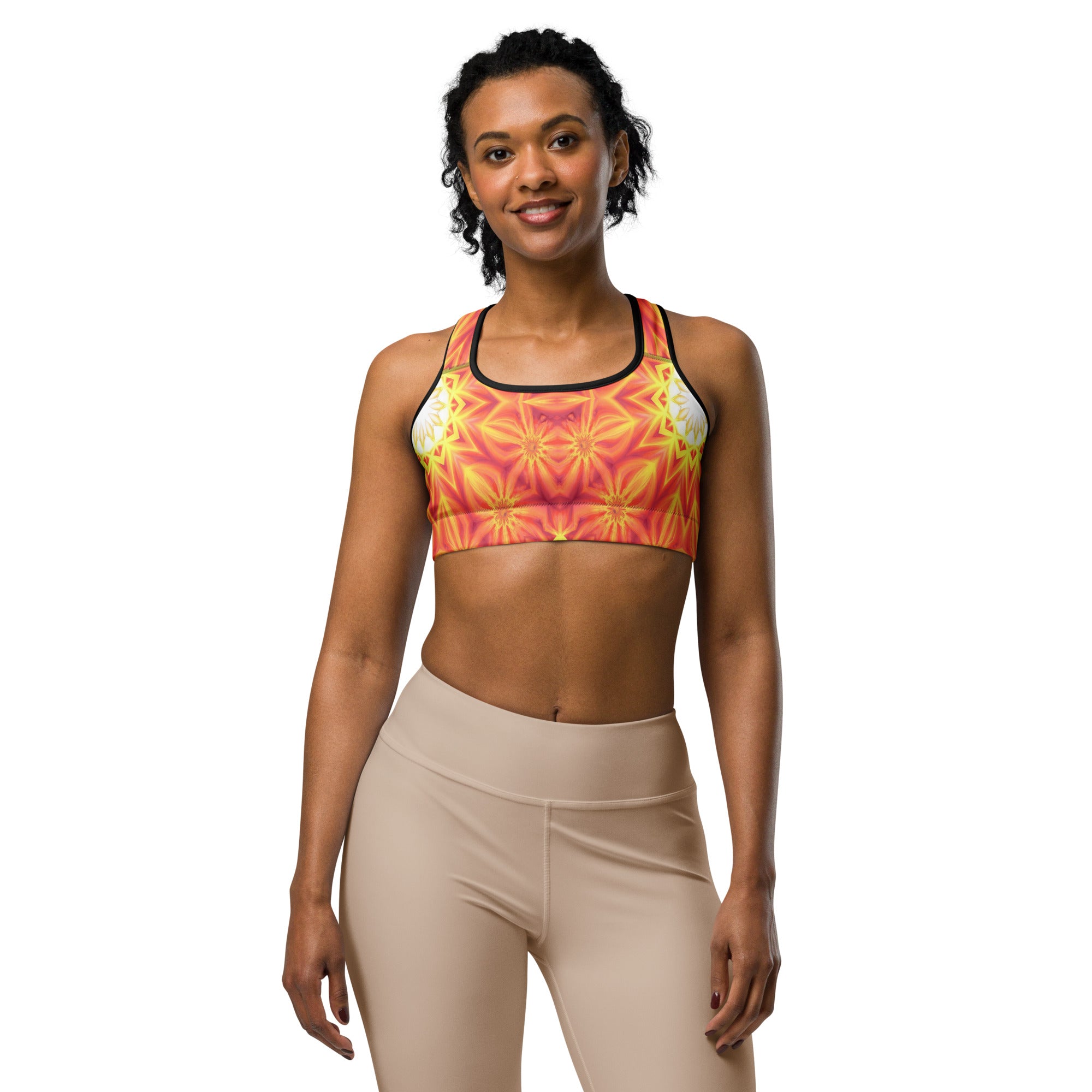 Women's psychedelic solar flare printed sports bra front view