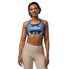 Women's psychedelic northern lights printed sports bra front view