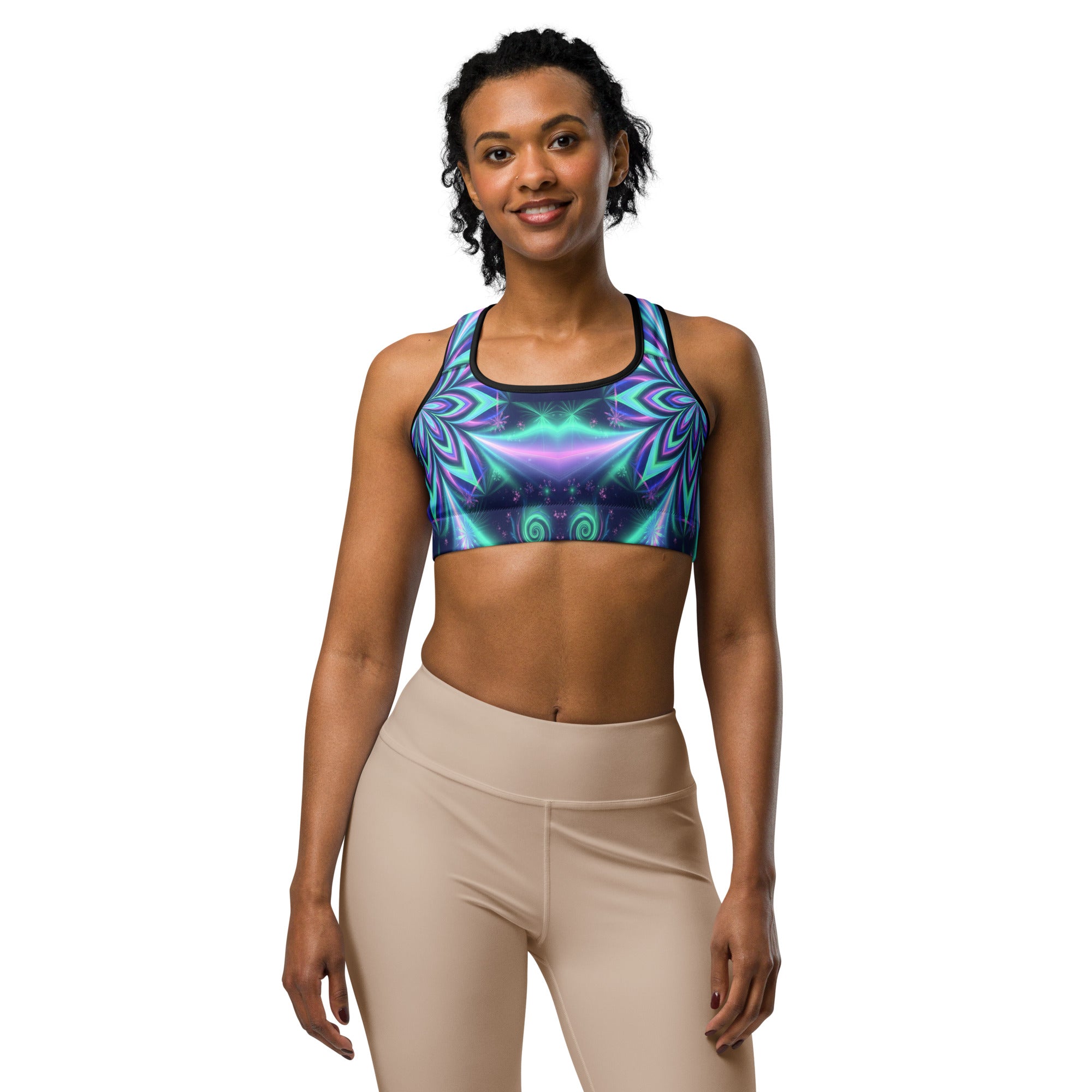 Women's psychedelic northern lights printed sports bra front view