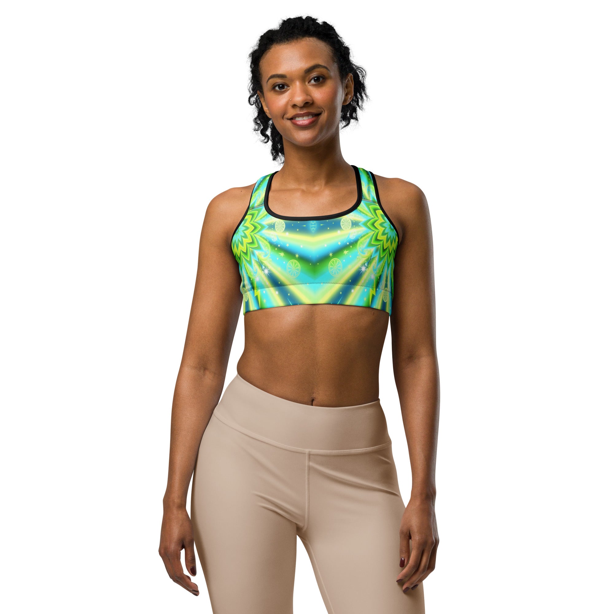 Women's psychedelic lemon zap sports bra front view