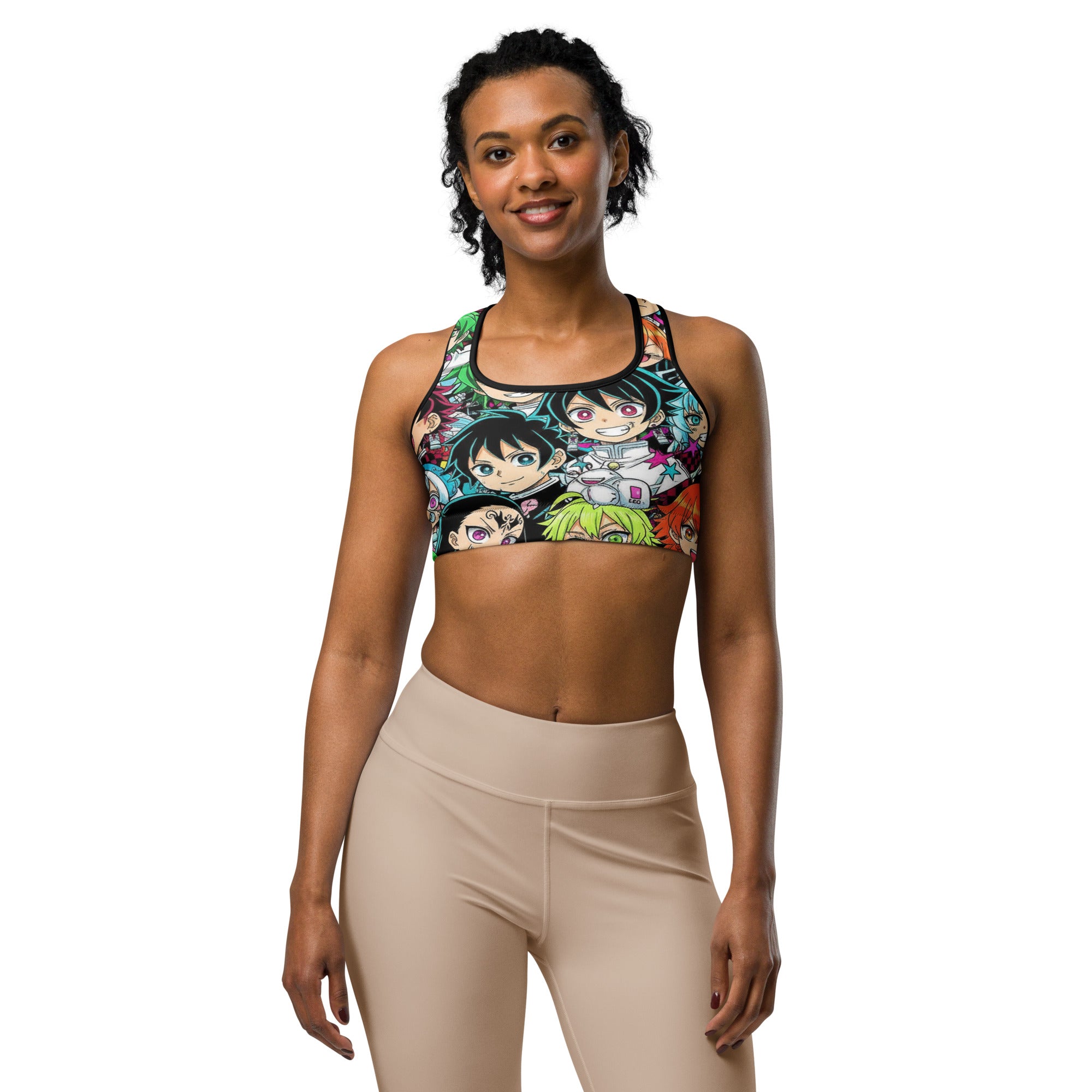 Women's anime collage demon slayer style printed sports bra front view