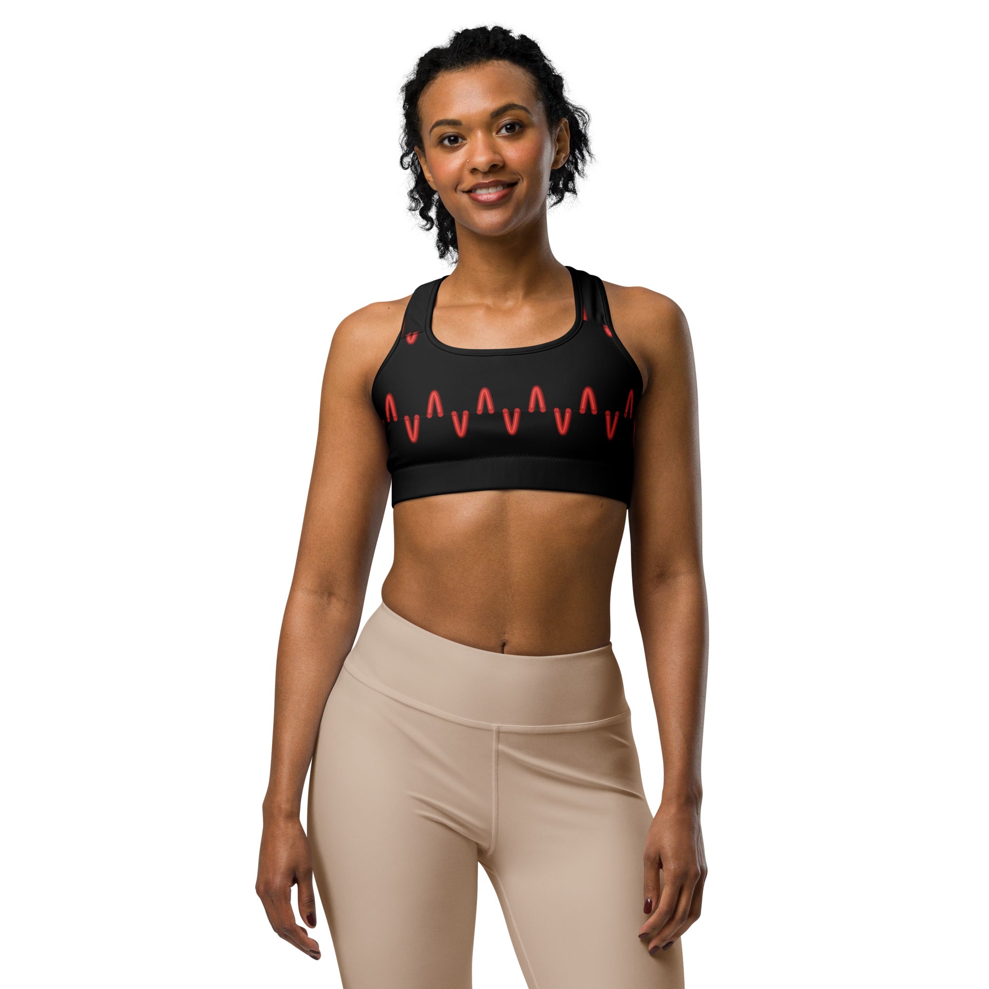 Women's black baseball stitches sports bra front view