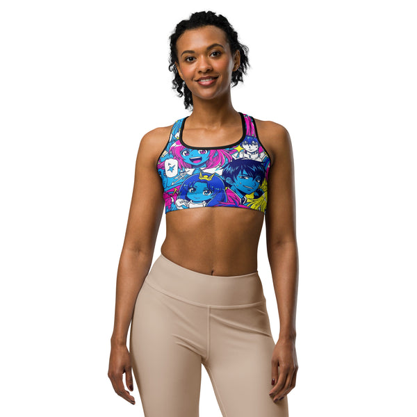 Women's anime collage neon tokyo printed sports bra front view