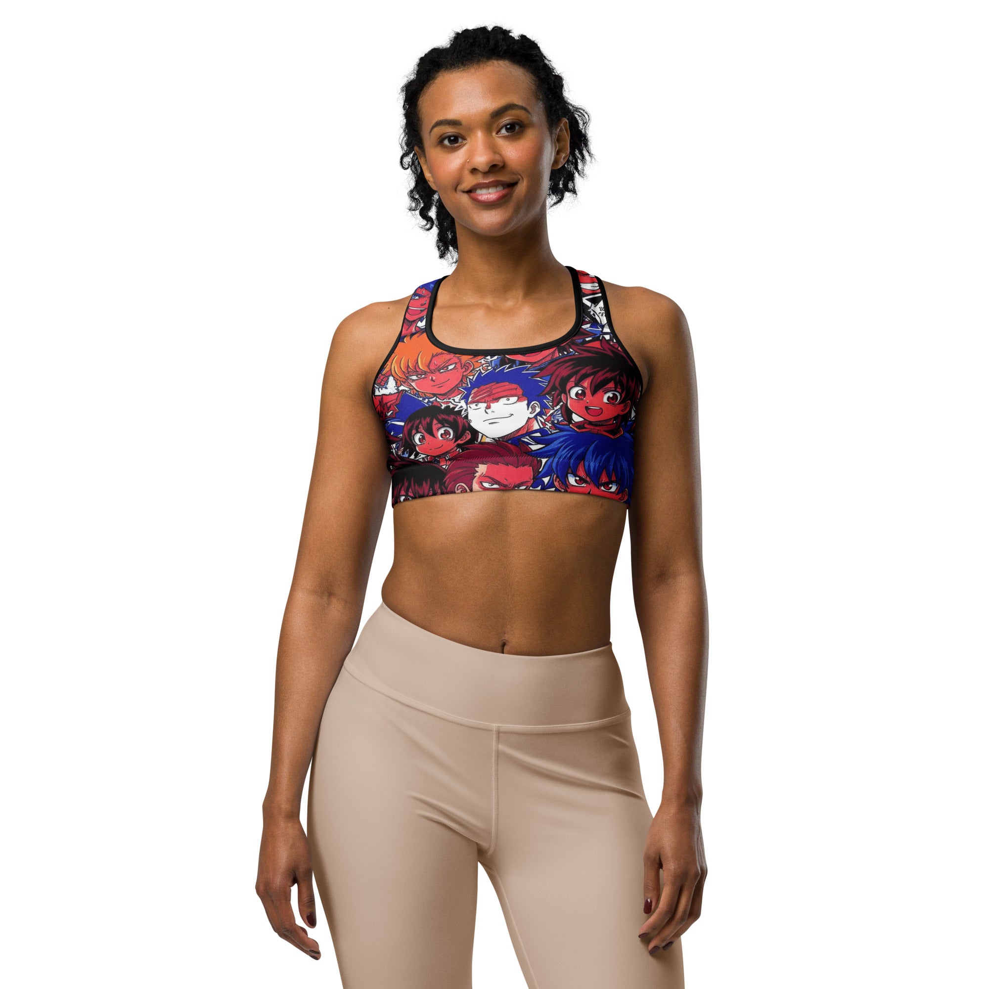 Women's anime collage printed sports bra front view