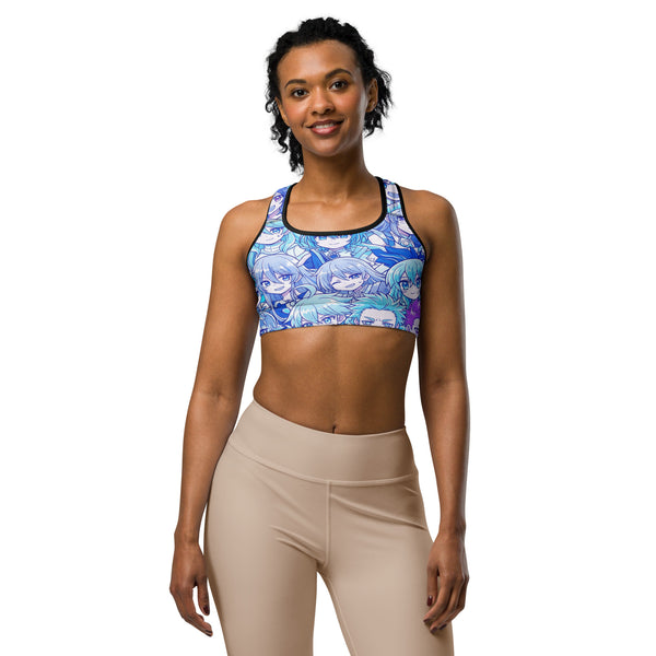 Women's anime collage ice kingdom printed sports bra front view