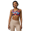 Women's anime collage street fighter printed sports bra front view