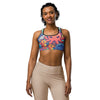 Women's vibrant ocean creatures printed sports bra front view