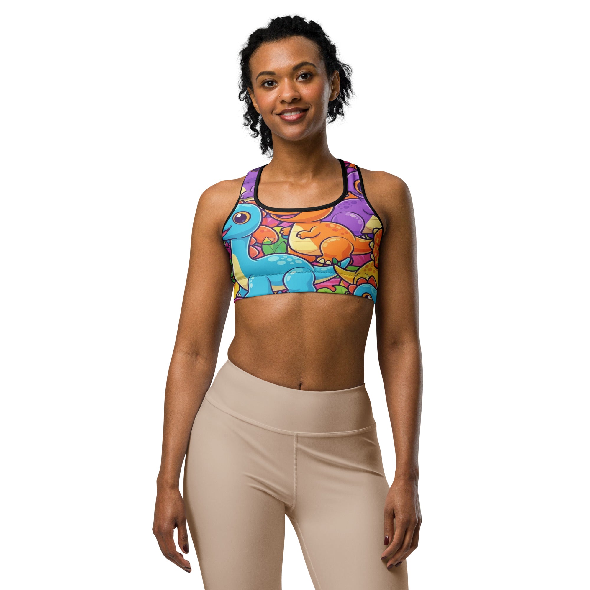 Women's vibrant dinosaur stomp printed sports bra front view