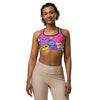 Women's vibrant cats everywhere printed sports bra front view