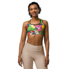 Women's vibrant tropical birds sports bra front view
