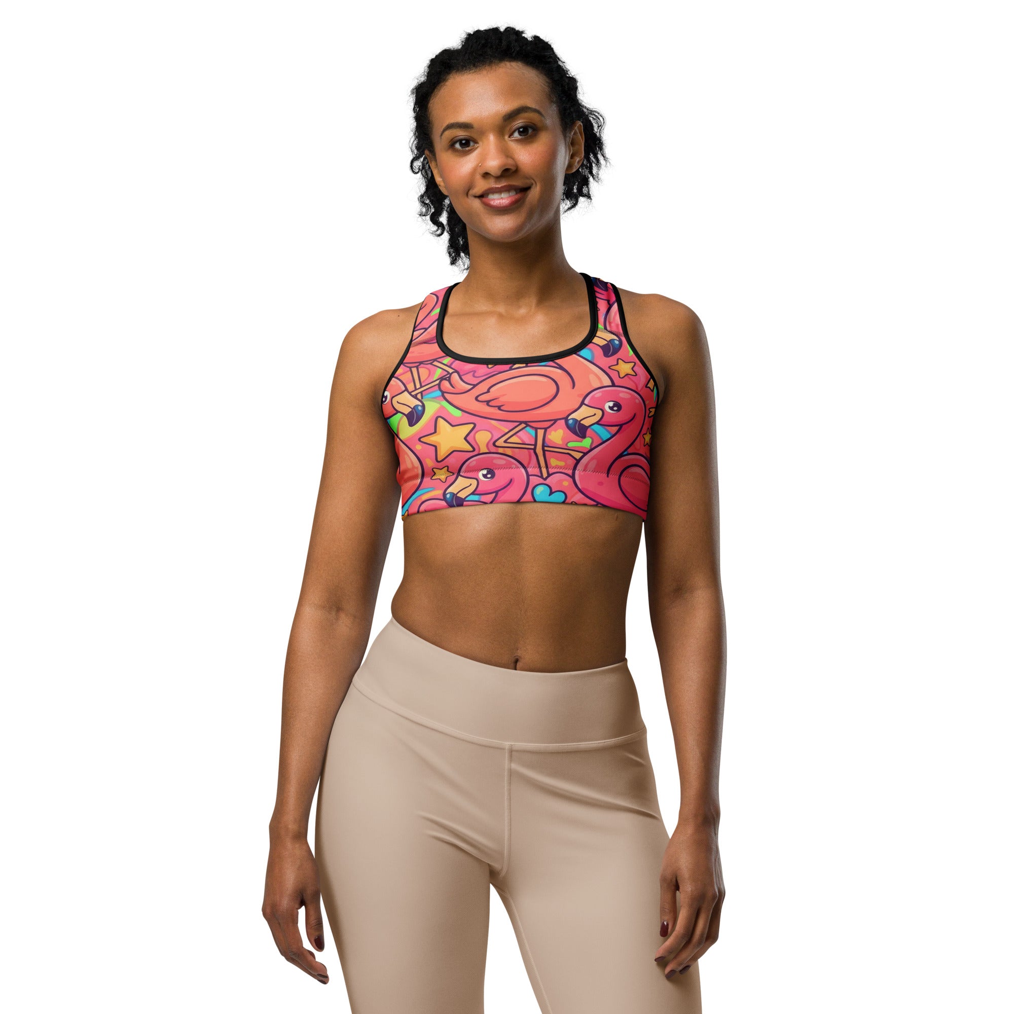 Women's flamingo flock sports bra front view