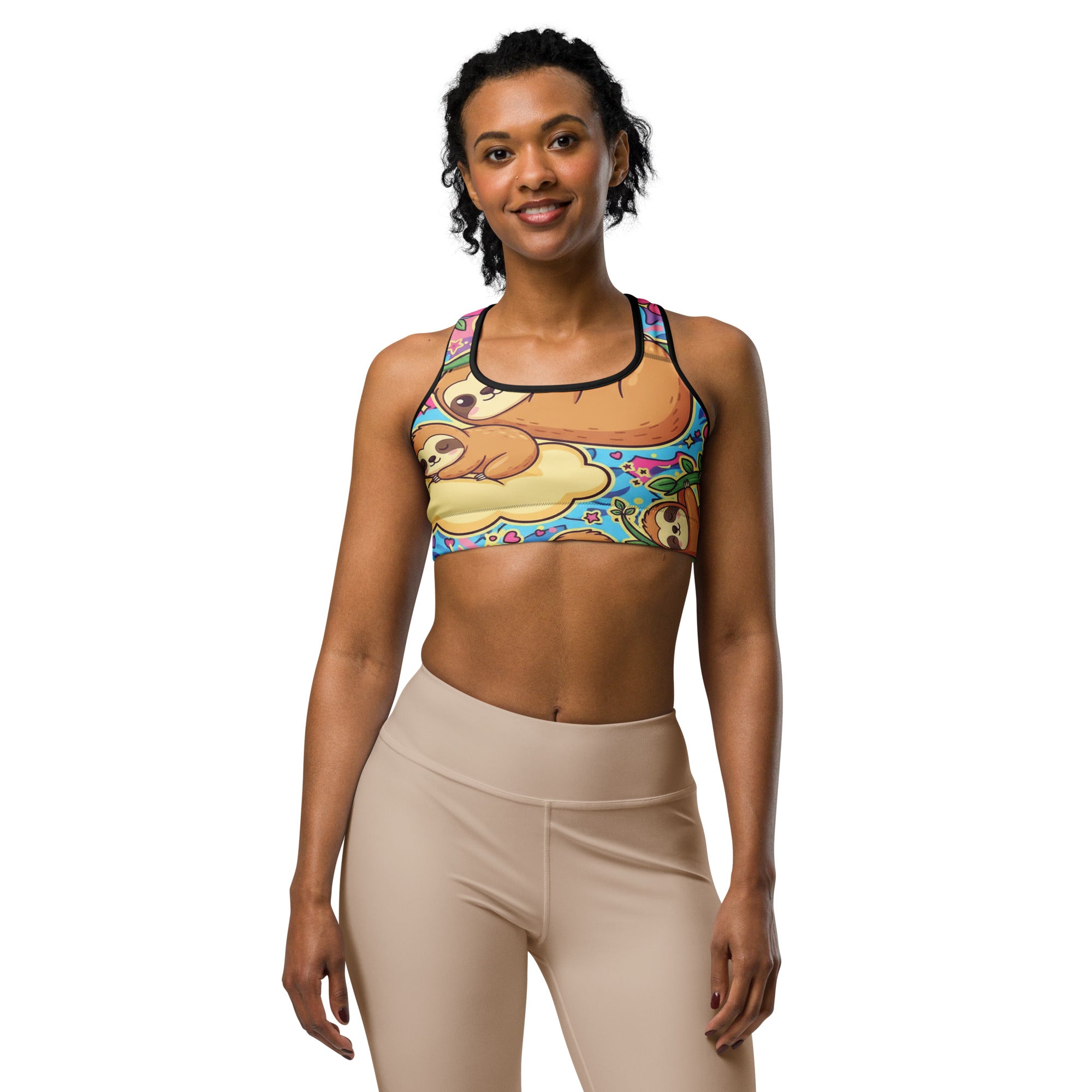 Women's sloth chill printed sports bra front view