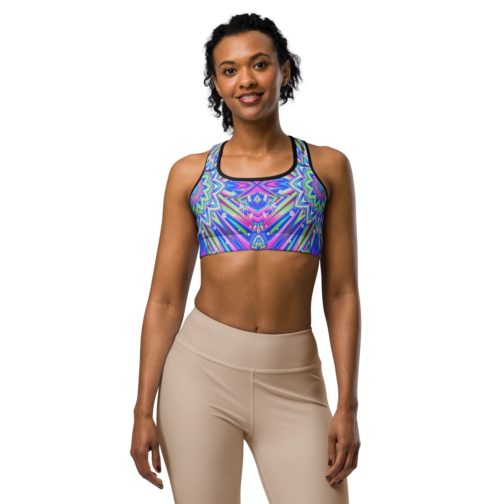 Women's psychedelic chrome spectrum sports bra front view