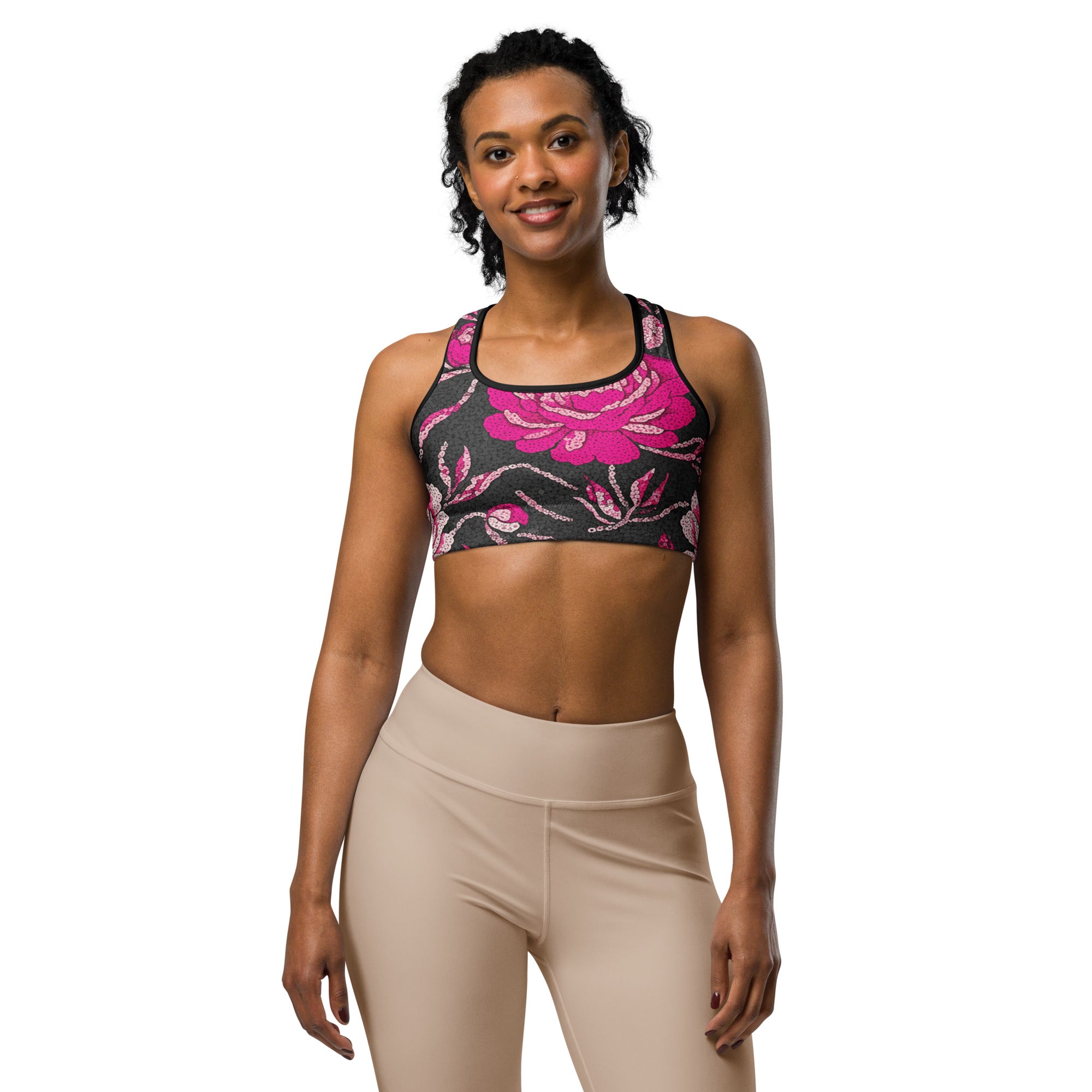 Women's pink paillette peony printed sports bra front view