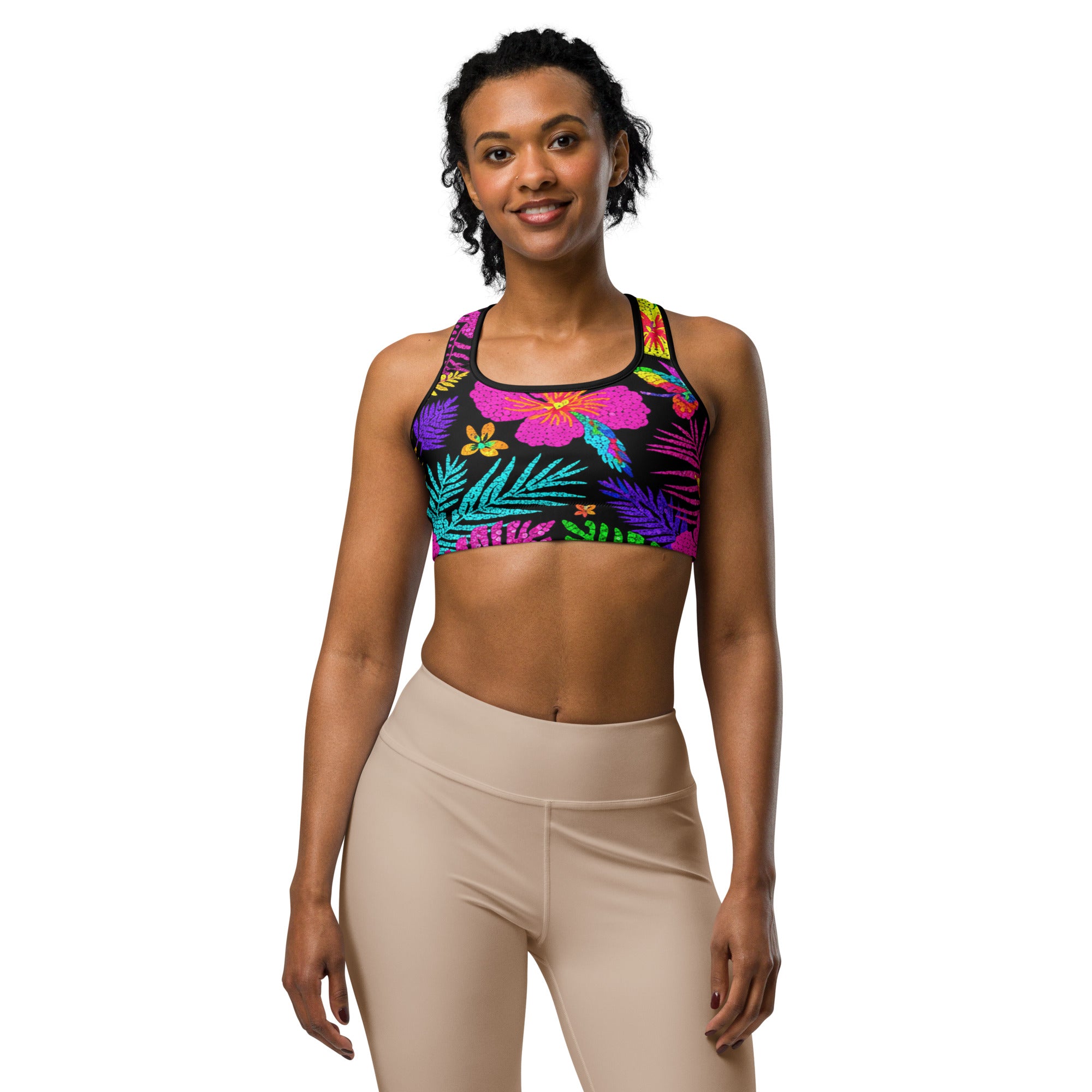 Women's rainbow tropical paillette sports bra front view