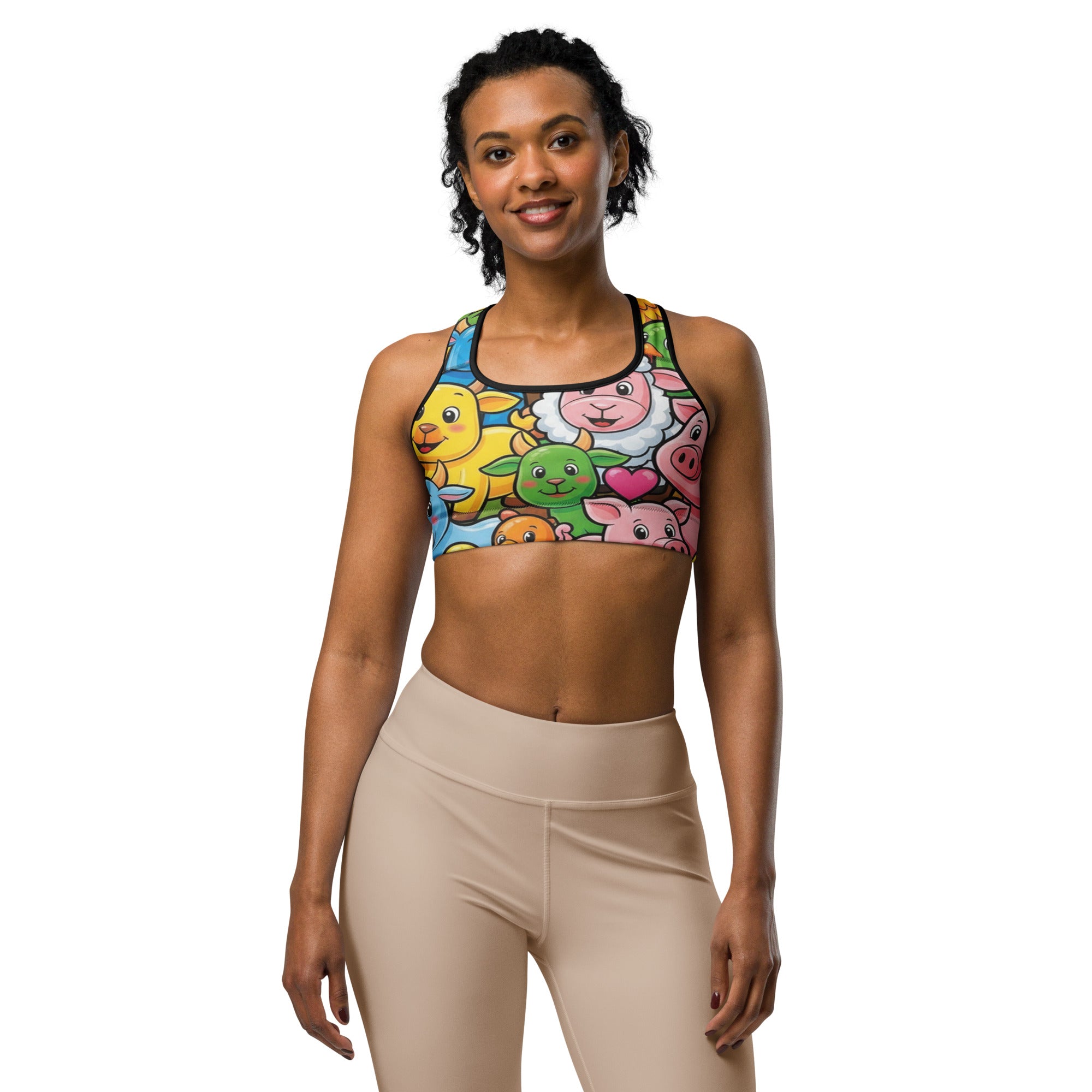 Women's vibrant farm animals printed sports bra front view