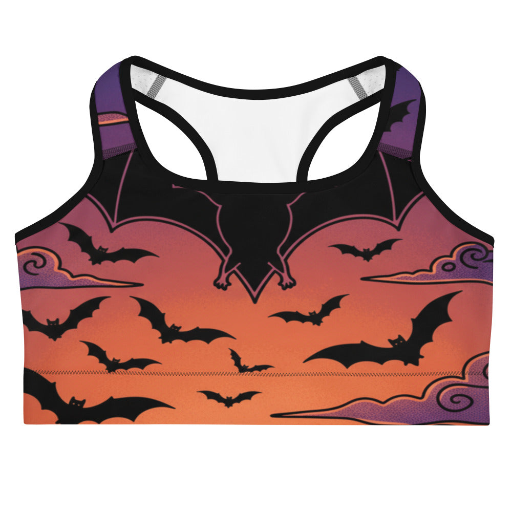 Women's bat swarm twilight printed sports bra front view
