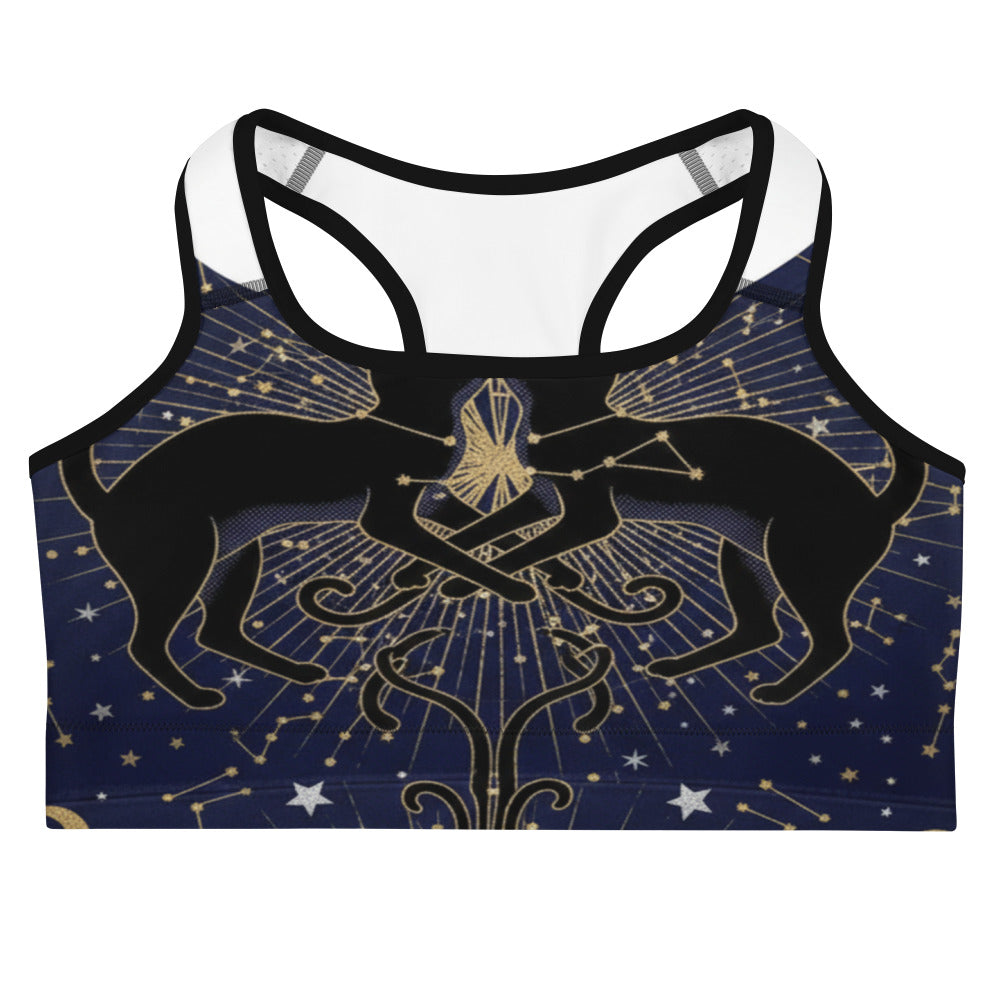 Women's black cat constellation sports bra front view