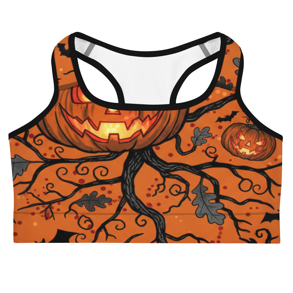 Women's carved jack-o-lantern glow printed sports bra front view