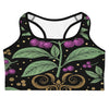 Women's black deadly nightshade botanical sports bra front view