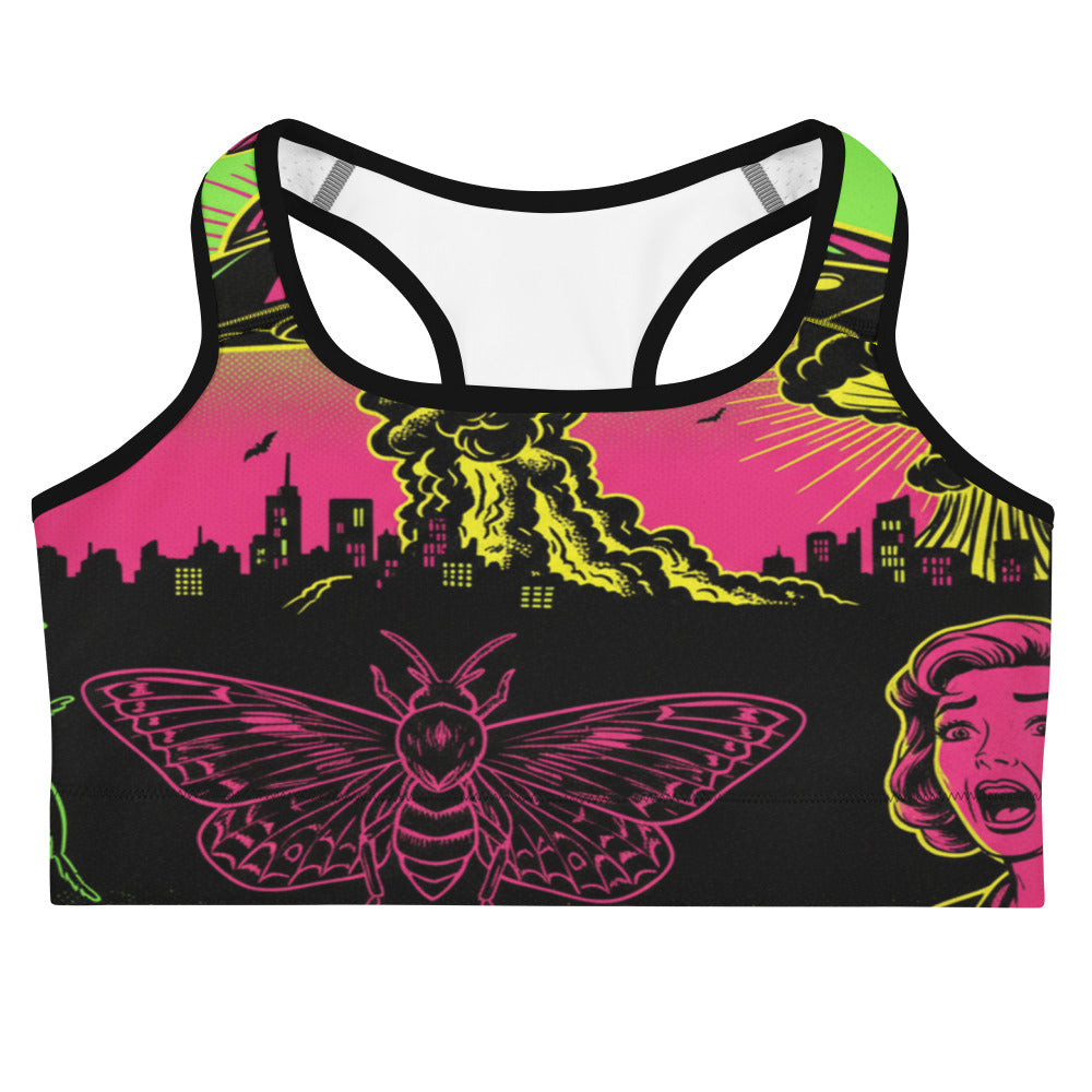 Women's drive-in horror b-movie printed sports bra front view