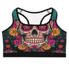 Women's Día de los Muertos marigold sports bra front view