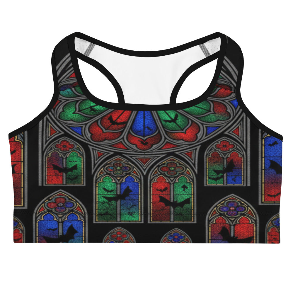 Women's gothic cathedral stained glass sports bra front view