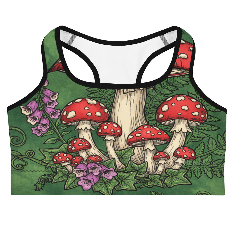 Women's mushroom foraging witch sports bra front view