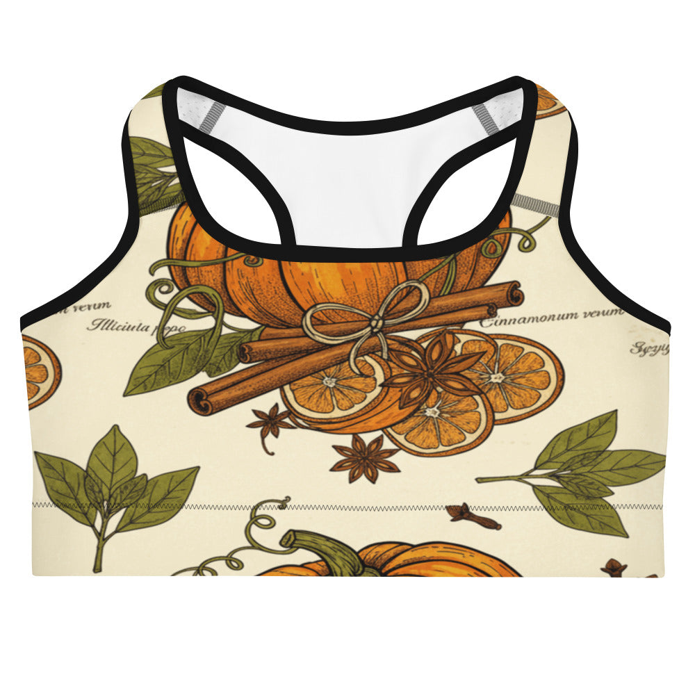 Women's pumpkin spice botanical sports bra front view