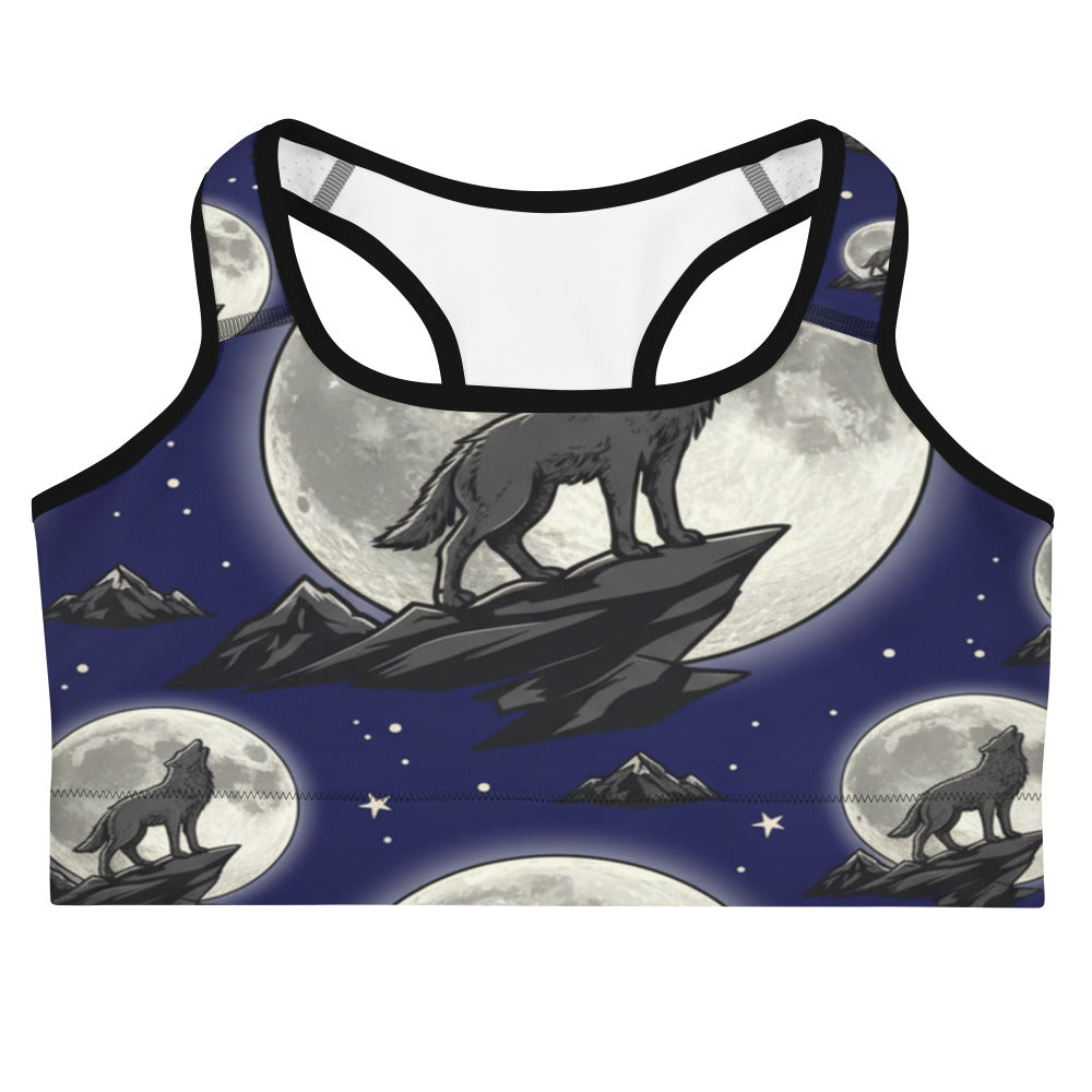 Women's wolf howl full moon sports bra front view