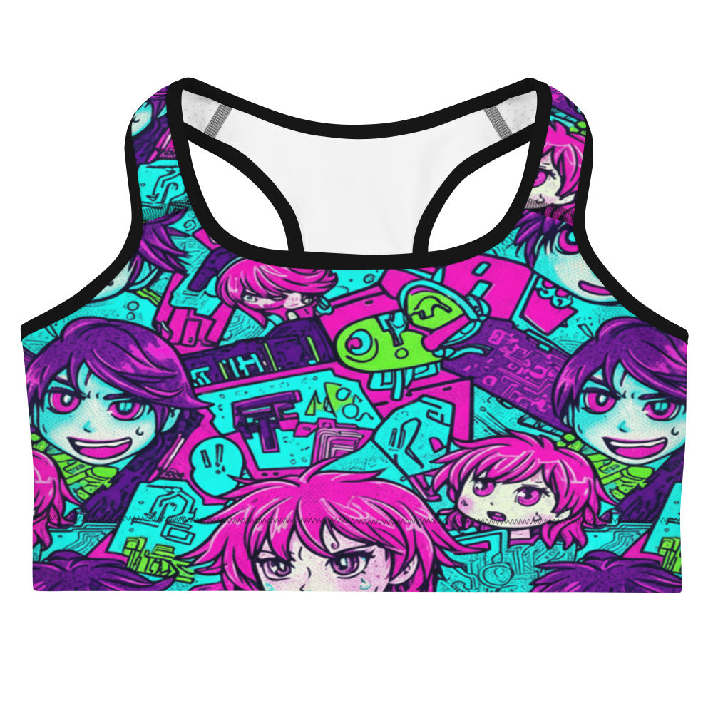 Anime Collage Cyberpunk Sports Bra from GearBunch, featuring a vibrant and colourful anime-inspired design.