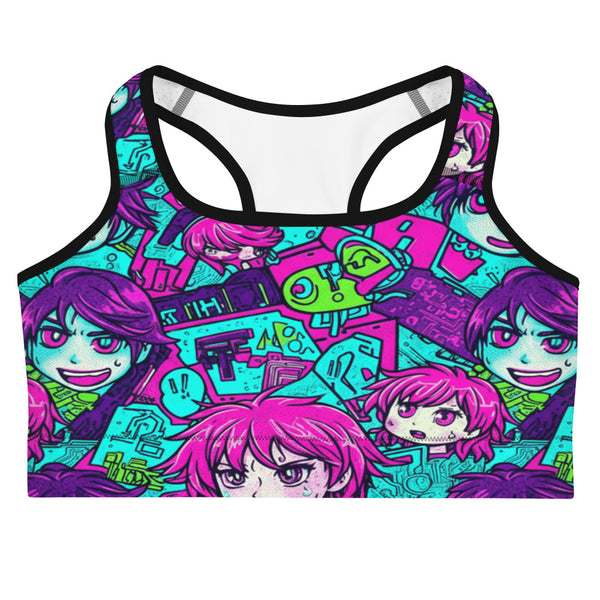 Anime Collage Cyberpunk Sports Bra from GearBunch, featuring a vibrant and colourful anime-inspired design.