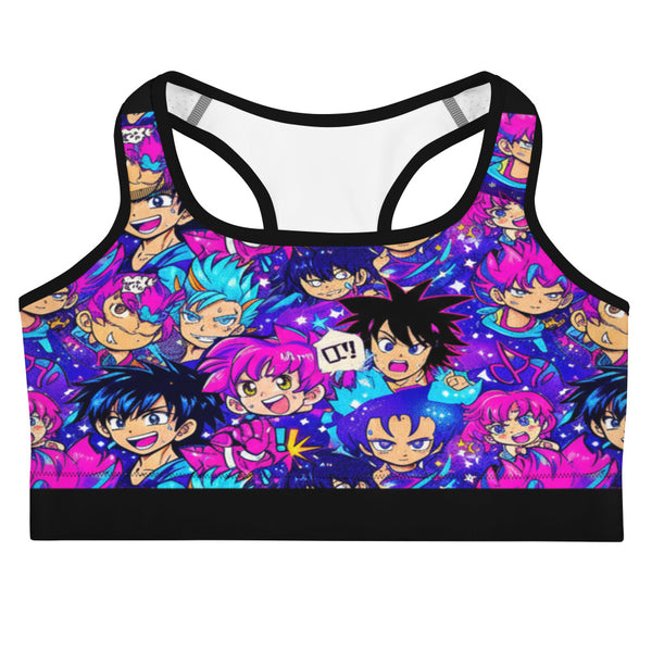 Anime Collage Galaxy Hero Sports Bra, vibrant and bold design, GearBunch Sports Bra