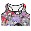 Anime Collage Kawaii Goth Sports Bra from GearBunch featuring vibrant anime-style character designs and bold colours.