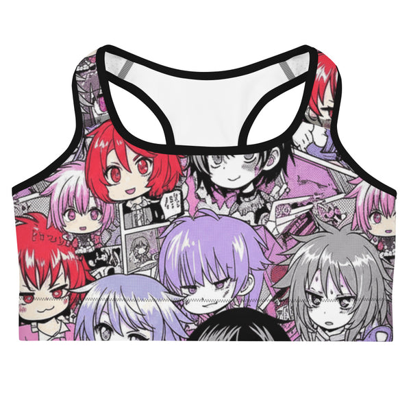 Anime Collage Kawaii Goth Sports Bra from GearBunch featuring vibrant anime-style character designs and bold colours.