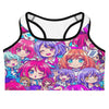 Vibrant anime-style character collage print on a GearBunch Sports Bra, perfect for workouts and everyday wear.