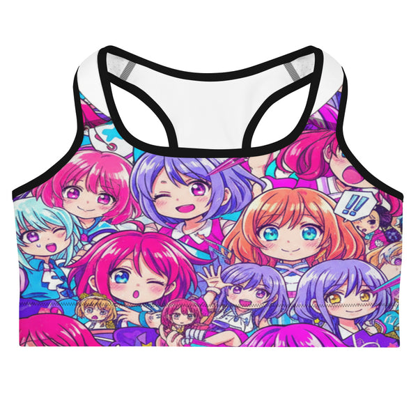 Vibrant anime-style character collage print on a GearBunch Sports Bra, perfect for workouts and everyday wear.
