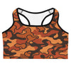 Burnt Orange Camo Sports Bra from GearBunch, featuring a classic camouflage print in earthy tones.