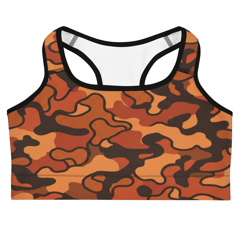 Burnt Orange Camo Sports Bra from GearBunch, featuring a classic camouflage print in earthy tones.