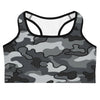 Charcoal Steel Camo Sports Bra from GearBunch, featuring a dark camouflage print perfect for workouts or everyday wear.