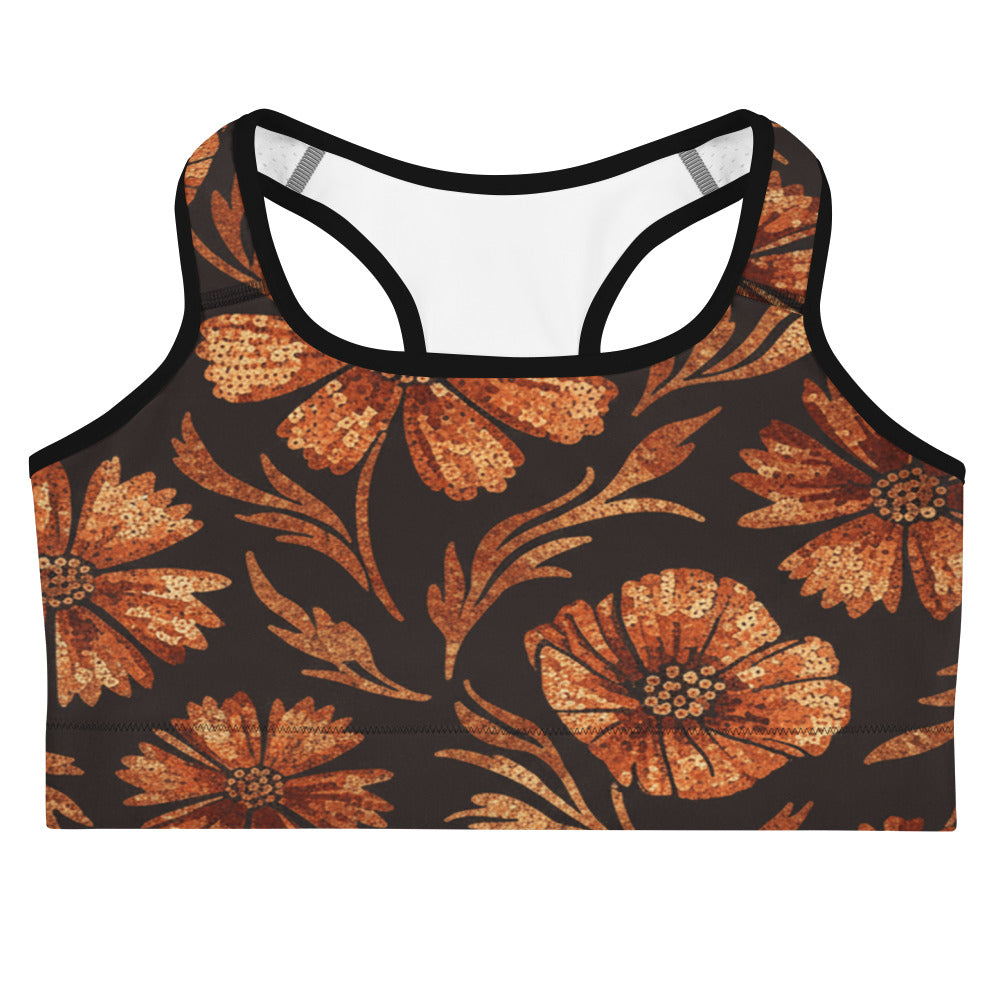 Close-up of the Copper Wildflower Sports Bra from GearBunch, featuring a copper and floral all-over print.