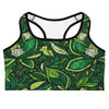 Emerald green botanical print GearBunch Sports Bra featuring magnolia blooms and faux paillette sequin effect.