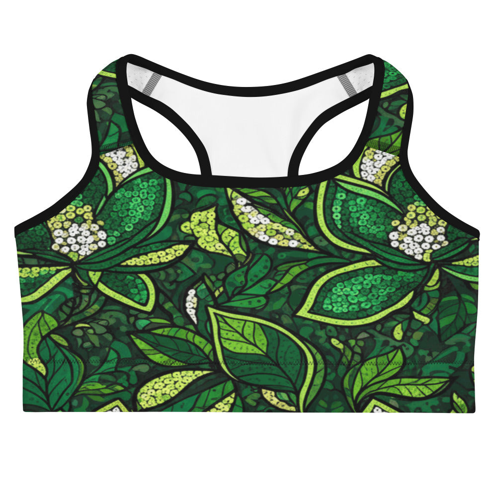 Emerald green botanical print GearBunch Sports Bra featuring magnolia blooms and faux paillette sequin effect.