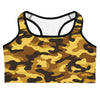 Gold Camo Sports Bra featuring a camouflage print in gold, amber, and brown tones, GearBunch Sports Bra
