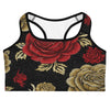 Gold Paillette Rose Sports Bra featuring gold sequins and red roses on a black background, GearBunch Sports Bra