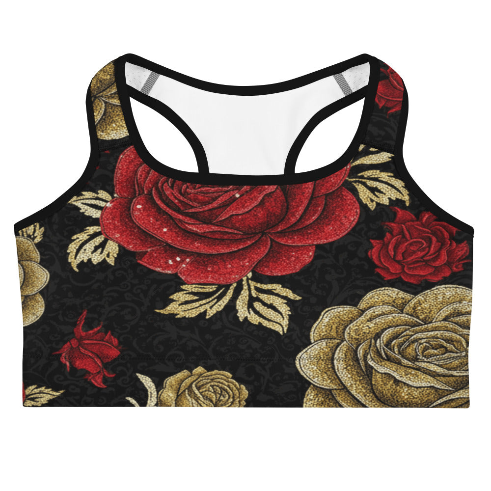 Gold Paillette Rose Sports Bra featuring gold sequins and red roses on a black background, GearBunch Sports Bra