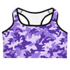 Lavender Camo Sports Bra from GearBunch featuring shades of purple in a classic camouflage pattern.